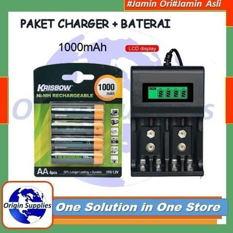 Krisbow Set 4 Pcs Baterai Rechargeable Size Aa 1000 Mah+Charger Original