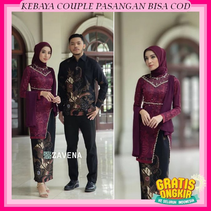 Vs34Rf Kebaya Couple Modern Zavina Kebaya Wisuda Set Tunik Lamaran Tunangan Batik Baju Couple Kondan