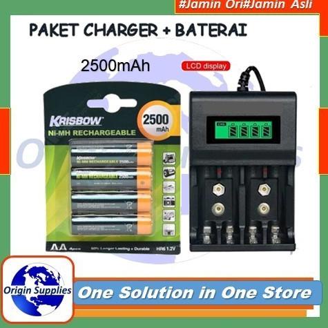 Paket Baterai  Set Rechargeable Krisbow Aa 2500 Mah 4 Pcs + Charger  Original