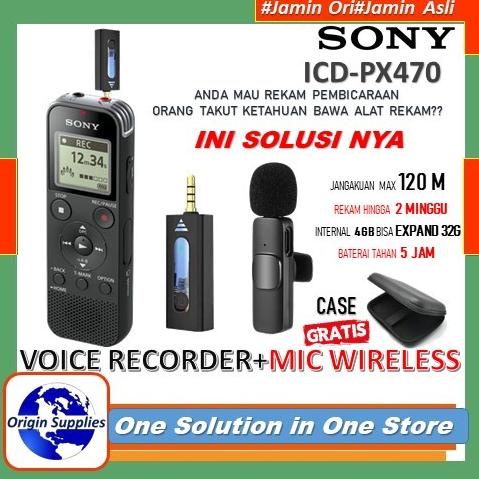 Voice Recorder Sony Icd-Px470 + Mic Wireless Jangkauan 120 Meter Original