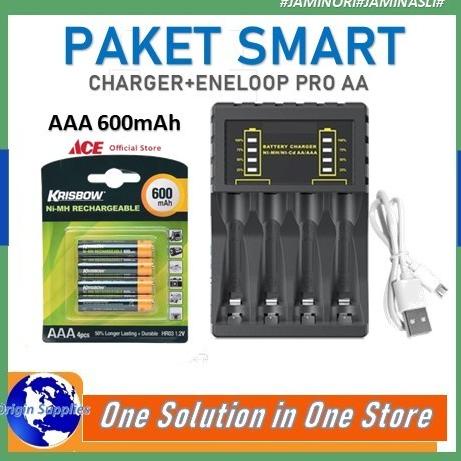 Krisbow Set Baterai Rechargeable Size Aaa 600 Mah 4 Pcs+Charger Pujima Original