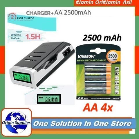 Krisbow Baterai Rechargeable Size Aa 2500 Mah 4 Pcs + Fast Charger Cov Original