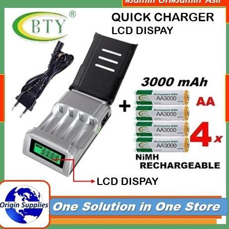 PAKET BATERAI BTY AA 3000 Mah RECHARGEABLE 1,2V + QUICK SMART CHARGER