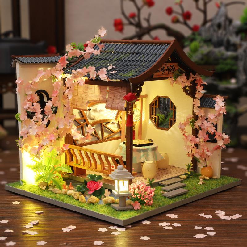 Model Bangunan Retro Gaya Cina, Baru Kreatif Kayu Diy Cottage Piano, Catur, Kaligrafi dan Lukisan Pe