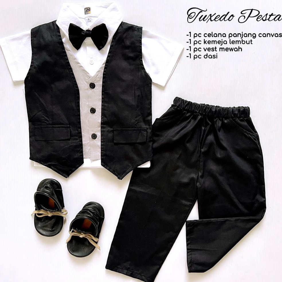 Terbaru Tuxedo Pesta 1 - 3 tahun set Baju setelan kemeja rompi celana panjang pergi kondangan mewah 