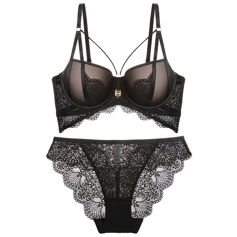 Thin Under Thick Mold Cup Hollow Out Lace Push Up Bra and Briefs Set Underwear Women Beautiful Sexy 