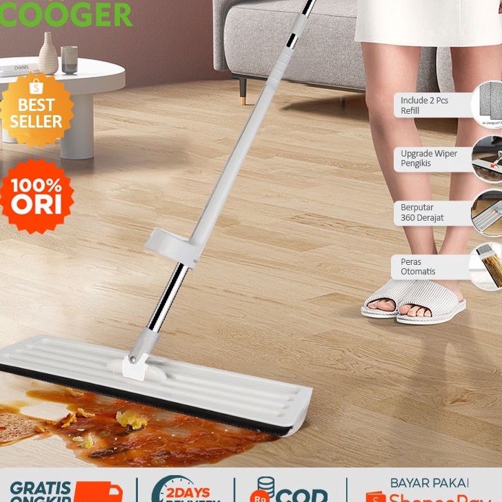 Laris 【PROSES CEPAT】COOGER New Ultra White Standing Wiper Mop Microfiber Alat Pel Lantai 2in1 Dapat 
