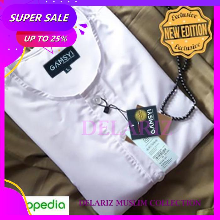 BAJU KOKO PUTIH POLOS HABIAB/KOKO TANPA KERAH JUMBO/ KOKO GAMSYI 