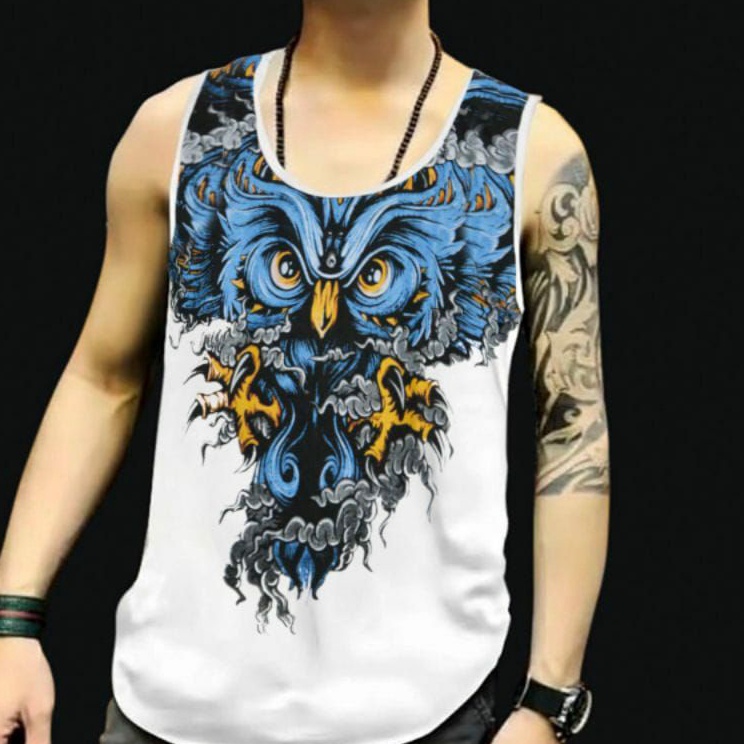 Sale plusBb0B5 Singlet pria warna putih motif owl batik BARU