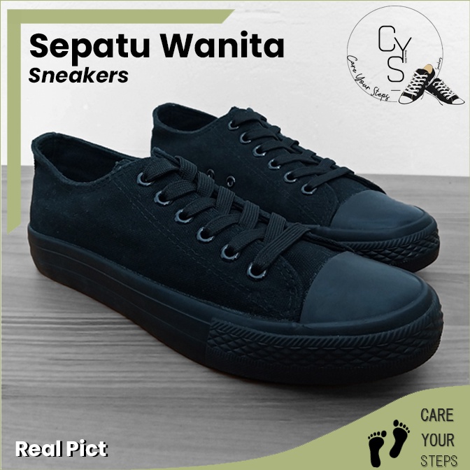 Chekout CYS Sepatu Sneakers Wanita Sepatu Kasual Kanvas Hitam Polos Sepatu Sekolah Cewek SPT 06