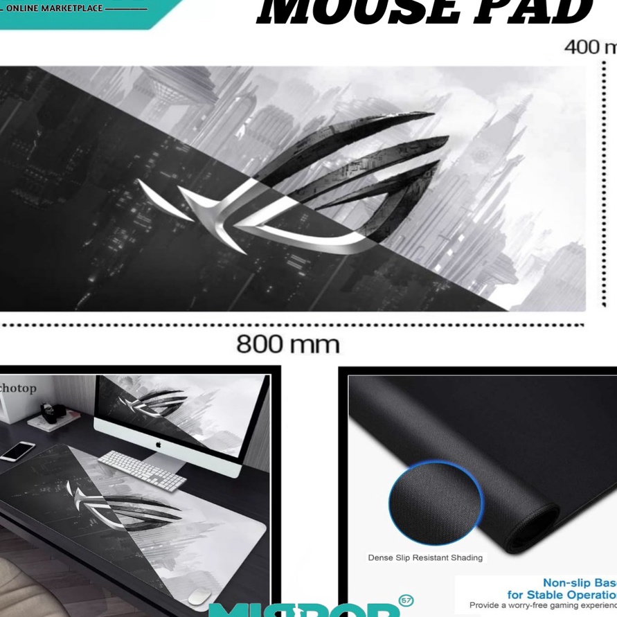 Termurah Mouse Pad Gaming XL Desk Mat | Alas Mouse Ukuran Besar Logo ROG Hitam / Putih 40 x 80 cm An