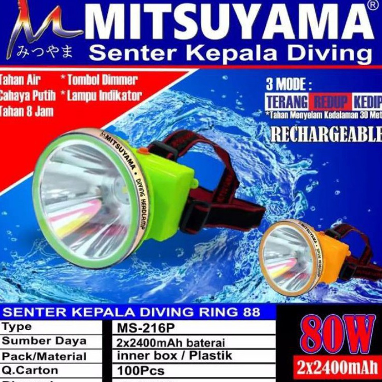 -WST COD✅Senter Kepala Selam Diving 80 Watt Mitsuyama MS-216P/K / Head Lamp Diving 80Watt / Senter K