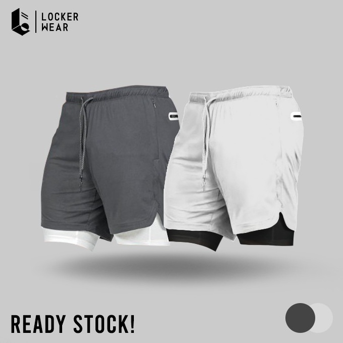 Terpercaya Celana Legging Manset Pendek 2 in 1 Olahraga Polos Compression Pants Quick Dry Fitness Se