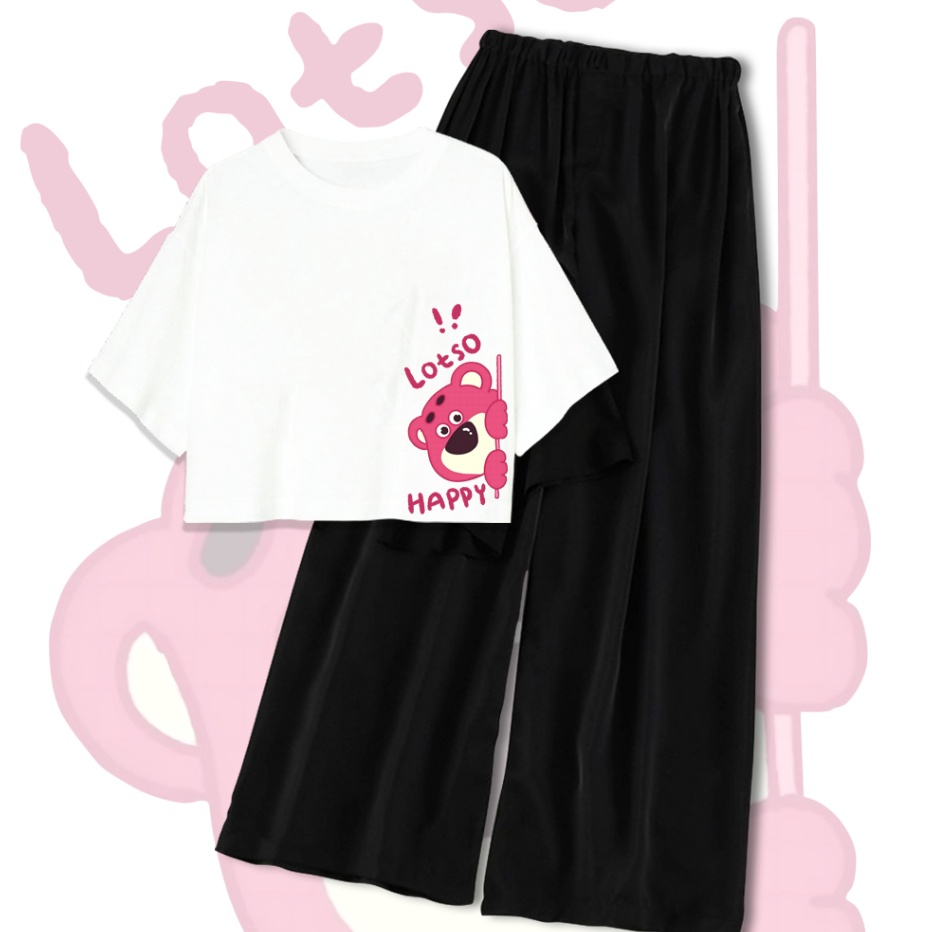 TAA931 CLSTORE SETELAN BAJU REMAJA USIA 9-14 TAHUN KAOS CROP OVERSIZE DAN CELANA KULOT LOTSO HAPPY |