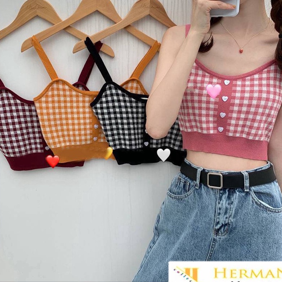 Terlaris HC Tank Top Crop Wanita Motif Kotak - Kotak 6611 Korean Square Knit Tanktop Fashion Korea