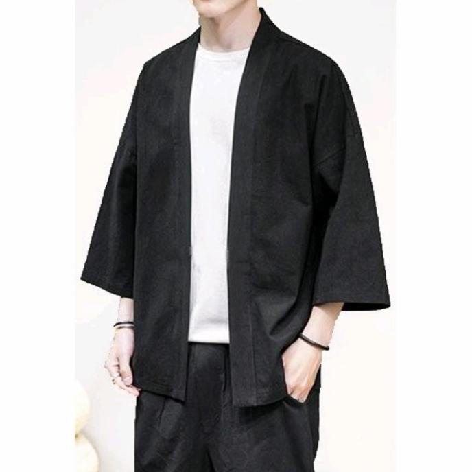 Kimono Polos Pria Japan Warna Hitam Bahan Fleece javanes anime