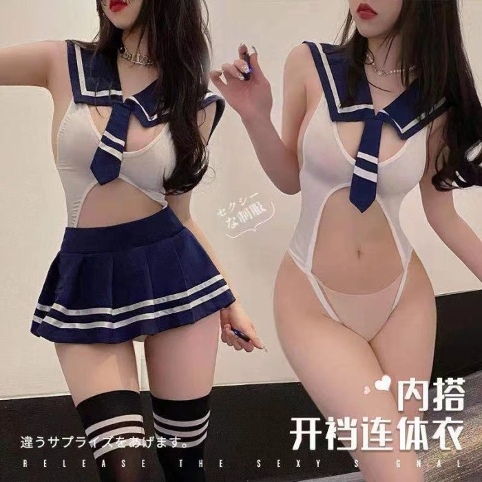 Lingerie Sexy Cosplay Seragam Sekolah Jumpsuit Transparan Mini Rok