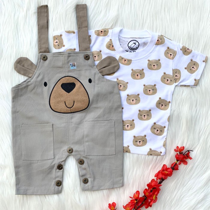 baju bayi Baju setelan kaos kodok gambar beruang lucu fashion anak bayi laki - kaos bear, 6-12bln(C0