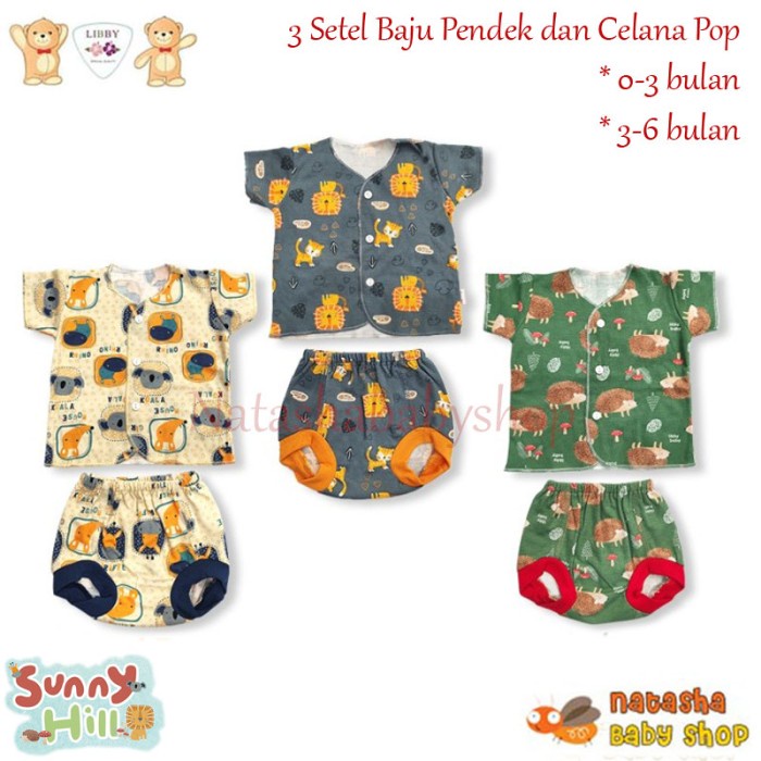 baju bayi Libby Baby 3 Setelan Baju Pendek dan Celana Pop Bayi Motif 3-6 bulan - Sunny Hill(O2U0) ba