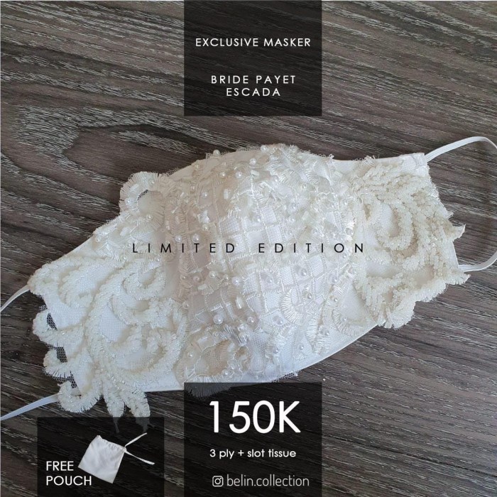 Terlaris Masker Kain Brokat Payet Premium Pesta Pengantin Wanita Bride Putih