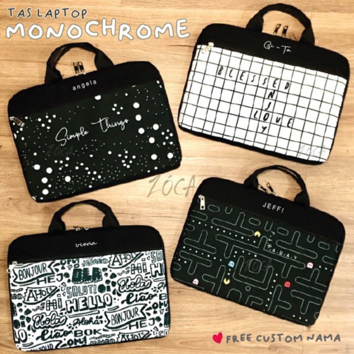 Terlaris Tas Laptop Monochrome 12" 14" (Custom Nama)