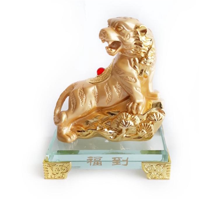 Jessia Pajangan Shio Macan emas tatakan kaca Mewah (12 shio 2019 )