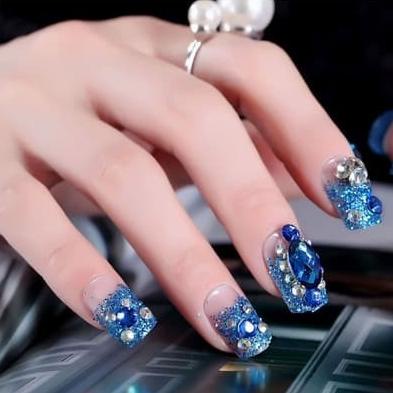 Jessia NAIL ART - 24 Pcs kuku palsu warna biru permata mewah untuk wedding