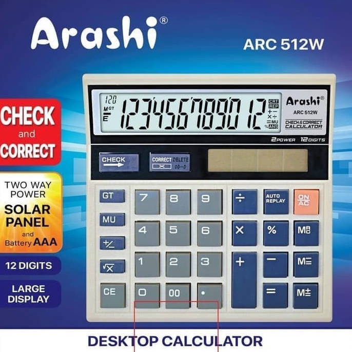 

[CODE BARANG 001AWA] Arashi Kalkulator Calculator ARC 512W PUTIH 12 Digit Layar Besar C9A