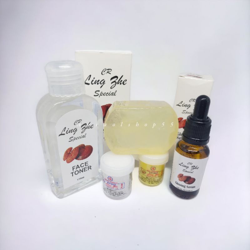 LING ZHI Paket Cream 5 In 1 Whitening Original Cr Siang Malam + Toner  Serum  Sabun Batang Dus - 1 S