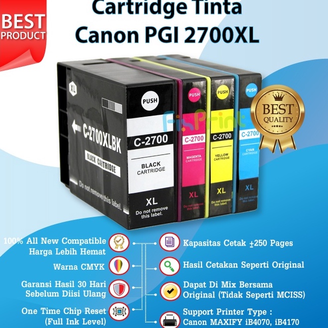 (G㊖TR/✉> Cartridge Tinta Canon PGI 2700XL 2700 XL Black Cyan Magenta Yellow Canon MAXIFY iB4070, iB4