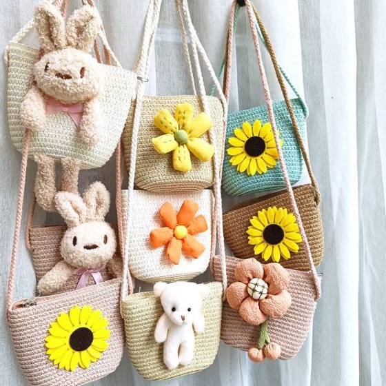 Best Product Tas Rajut Anak Boneka / Petite Knit Bag / Tas Mini Jerami Anak / Tas Bahu Kecil Anak