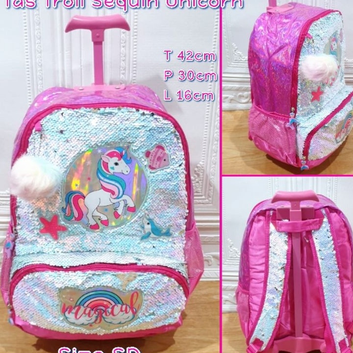 FLASH SALE Tas Sekolah Troli Anak SD dan TK Motif Sofia Unicorn Frozen Timbul 3D Tas Import Trolley 