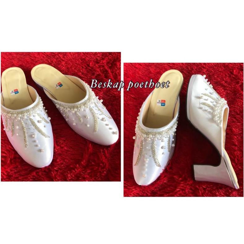 ABU091 selop sandal sepatu pengantin hak wanita pria Payet putih / selop manten akad nikah ijab puti