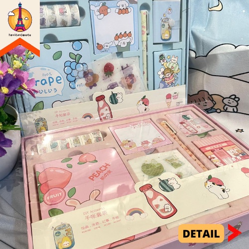 

Terlaris Paket Jurnal 7 In 1 Karakter Buah Peach Pink Biru Free Hard Box
