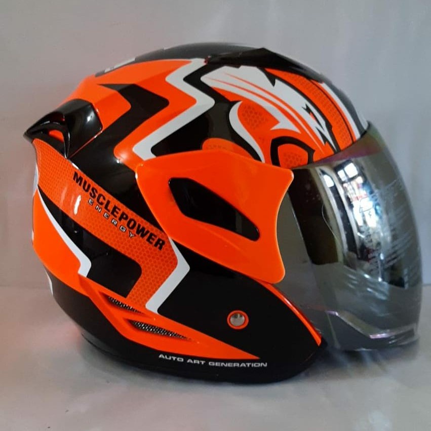HELM GM FIGHTER MUSCLE POWER BLACK SILVER DOFF - SNI - HALF FACE - Orange, M