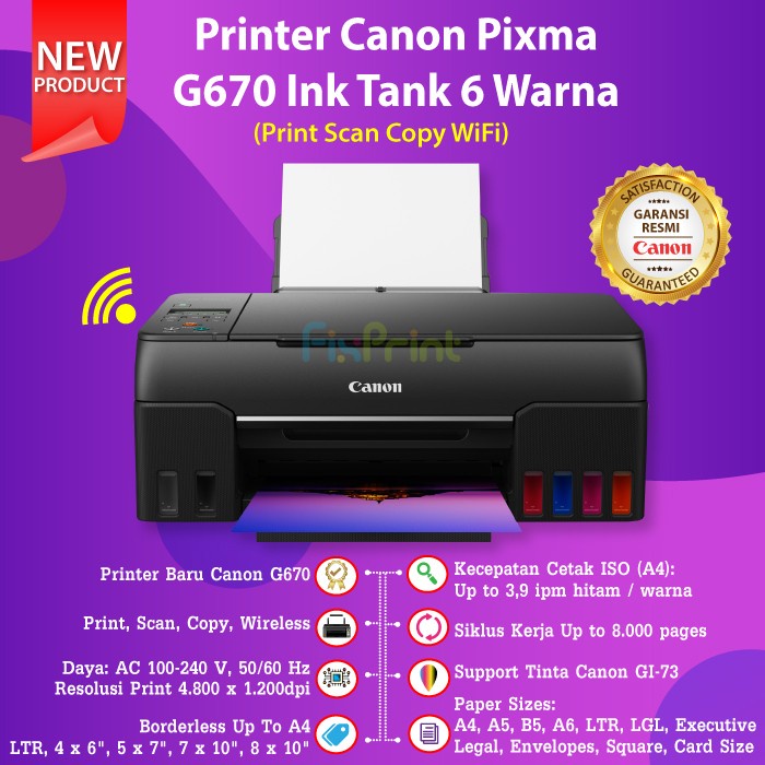 Printer Canon Pixma G670 670 Printer Photo 6 Warna All In One Wifi Terlariss 