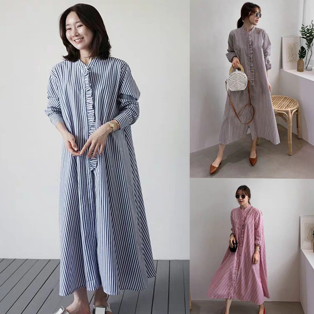 Fdm Rr Fashion - One Set Wanita Nature Korean Vintage Kemeja Crop & Rok Midi Plisket Gamis Stripe 11