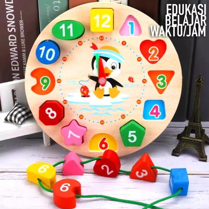 MAINAN EDUKASI ANAK KAYU - 3 IN ONE , JAM , PUZZLE MERONCE APE PAUD TK