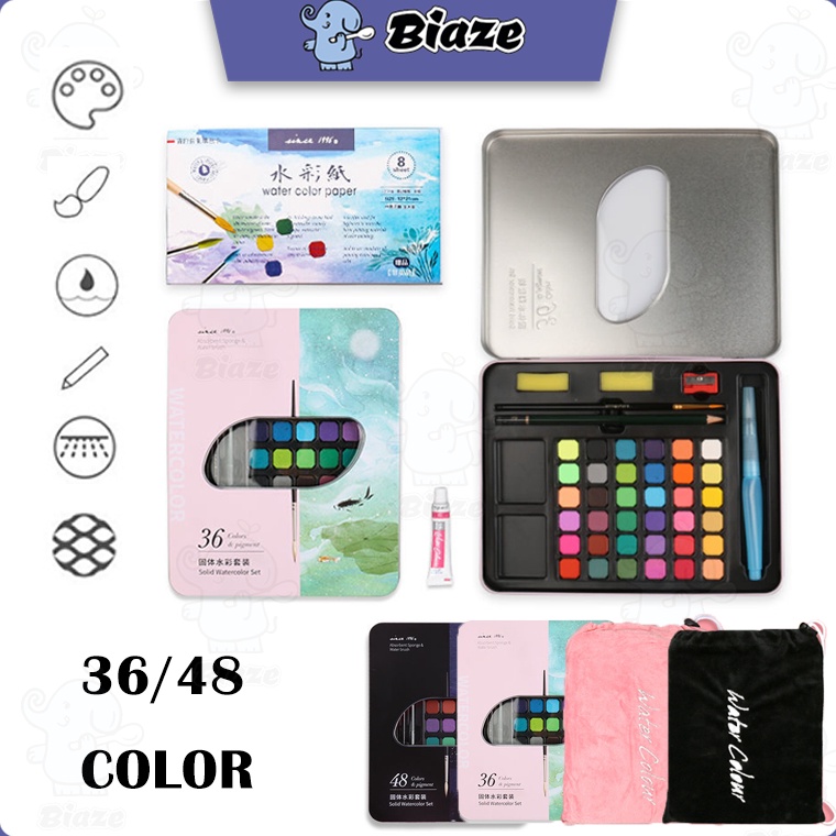 

↓ BIAZE 36/48 Watercolor Paint Set Warna Solid Alat Cat Air (Termasuk Kuas dan Kertas Gambara) Serba Murah )̿̿