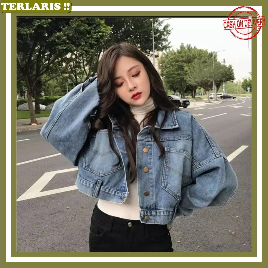 Jaket Denim Import Big Size Motif Perempuan Muslimah Jeket Jeans Wanita Jumbo Crop Jacket Jins Kekin