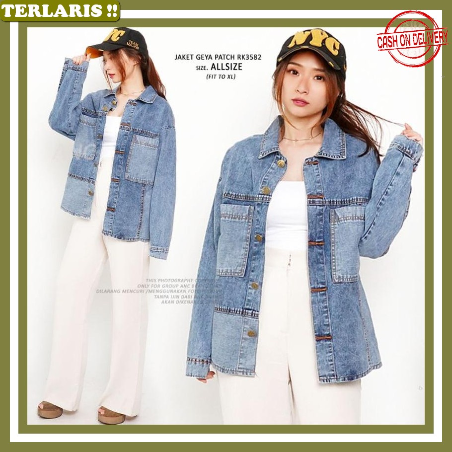Jaket Denim Import Oversize Korean Style Jeket Jeans Wanita Jumbo Crop Big Size Motif Perempuan Musl