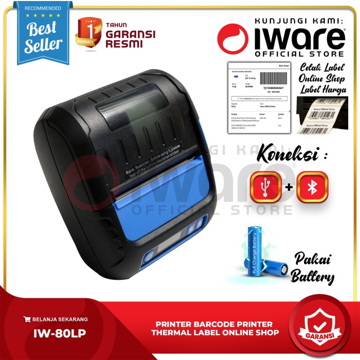 PRINTER LABEL BLUETOOTH+USB THERMAL 80MM IWARE IW-80LP ALAMAT ONLINE