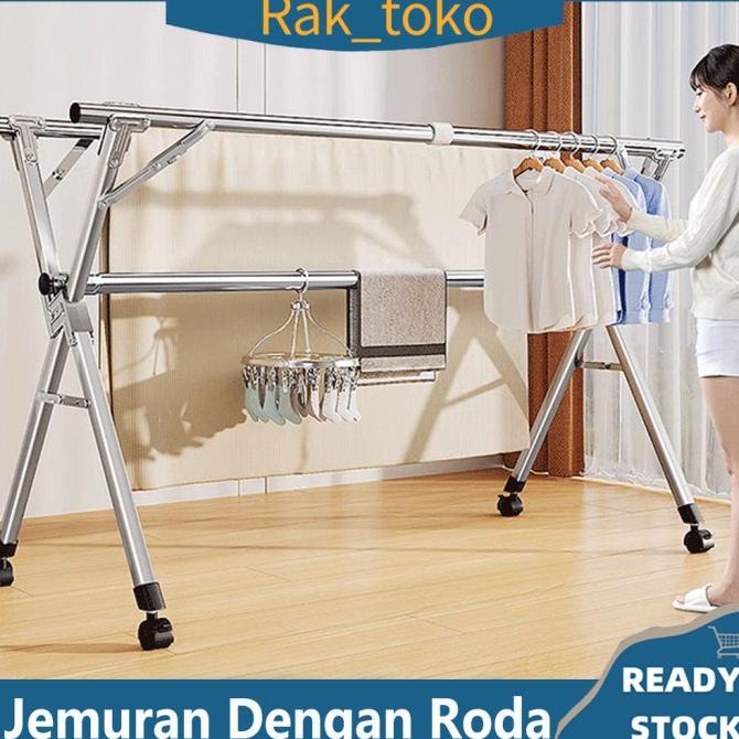 Jemuran Baju Lipat Stainless Steel Roda Jemuran pakian