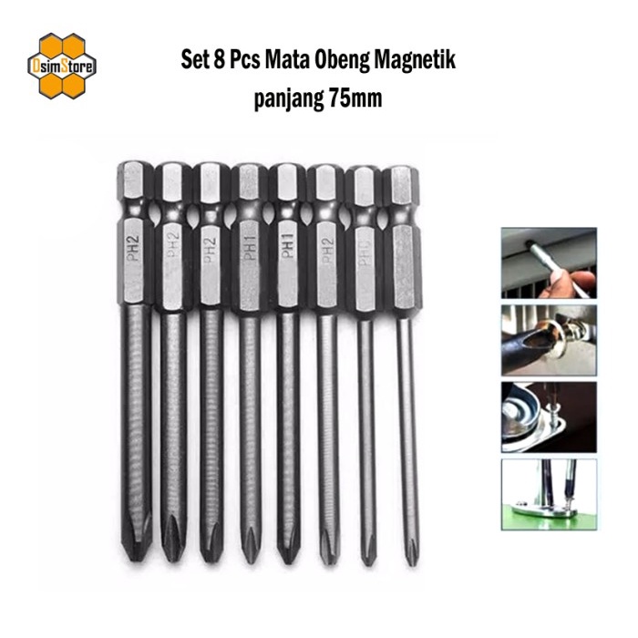 Terlaris Obengku Set 8Pcs Mata Obeng Plus Hex Shank Magnetic 75Mm