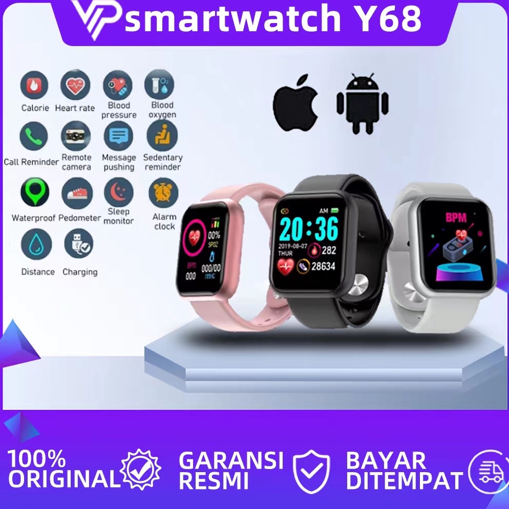 Sale Terbatas VIP COD SmartWatch Y68 MACARON Sport Tahan Air Bluetooth Smart Watch Pelacak Kebugaran