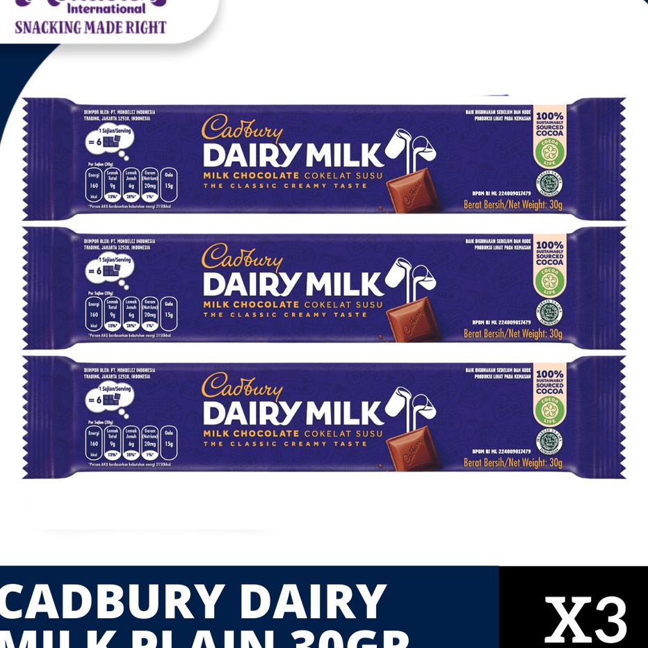 

★★★★★ Cadbury Dairy Milk Chocolate Original Regular Untuk Camilan 30g - triplepack