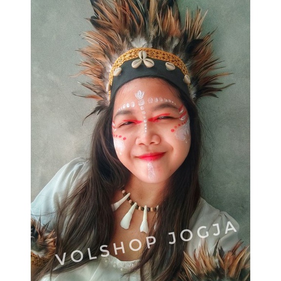 PSQG7565  ACCESSORIES BULU ADAT PAPUA DAYAK KALUNG GIGI DAN MAHKOTA BULU TANGAN KAKI [PAKET KOMPLIT 