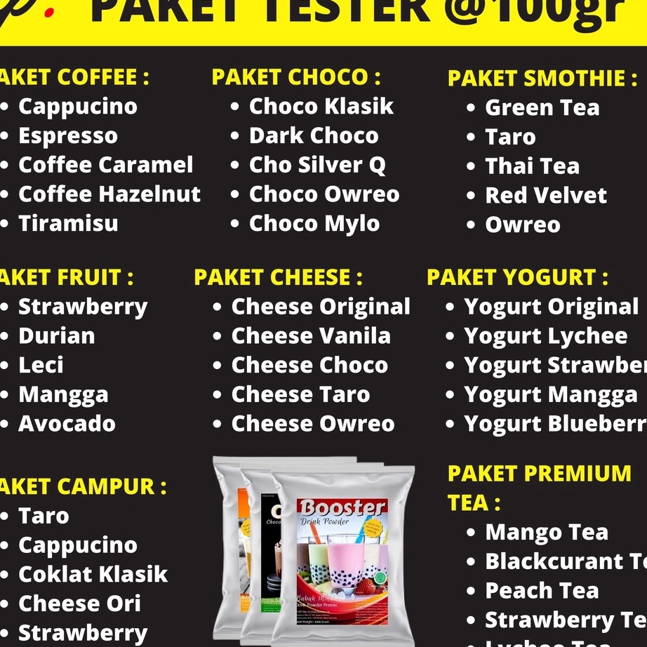 

Hot Sale PAKET TESTER / SAMPLE Bubuk Minuman Best 5 Varian, Harga adalah 1 Paket berisi 5 Variant