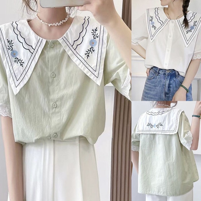 BLUS KATUN HIJAU SAGE PUTIH OVERSIZE KERAH LEBAR LANCIP BORDIR IMPORT