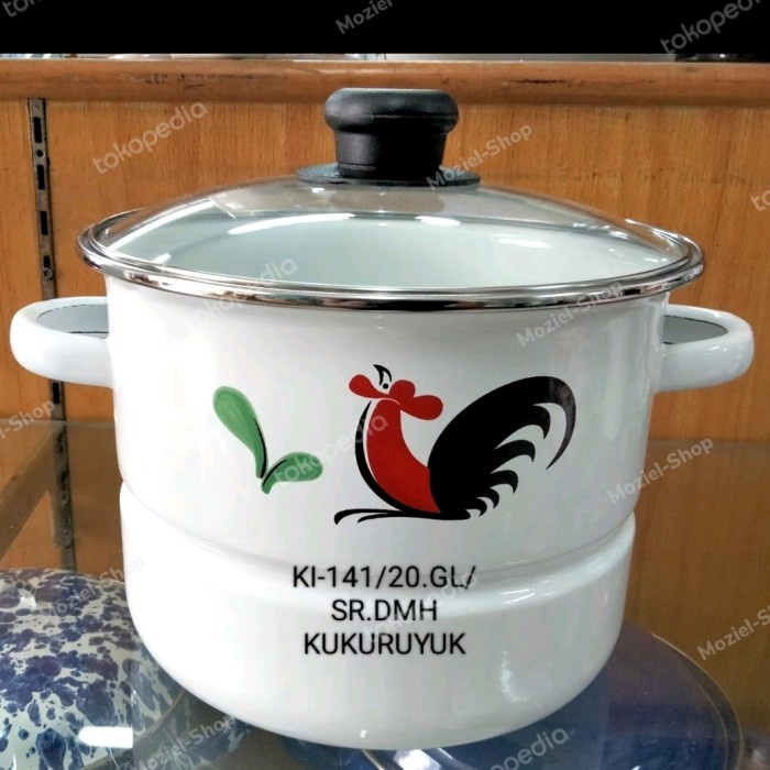 Panci Kukus Enamel Motif Ayam Jago / Dandang Tutup Kaca / Uk 20 Cm